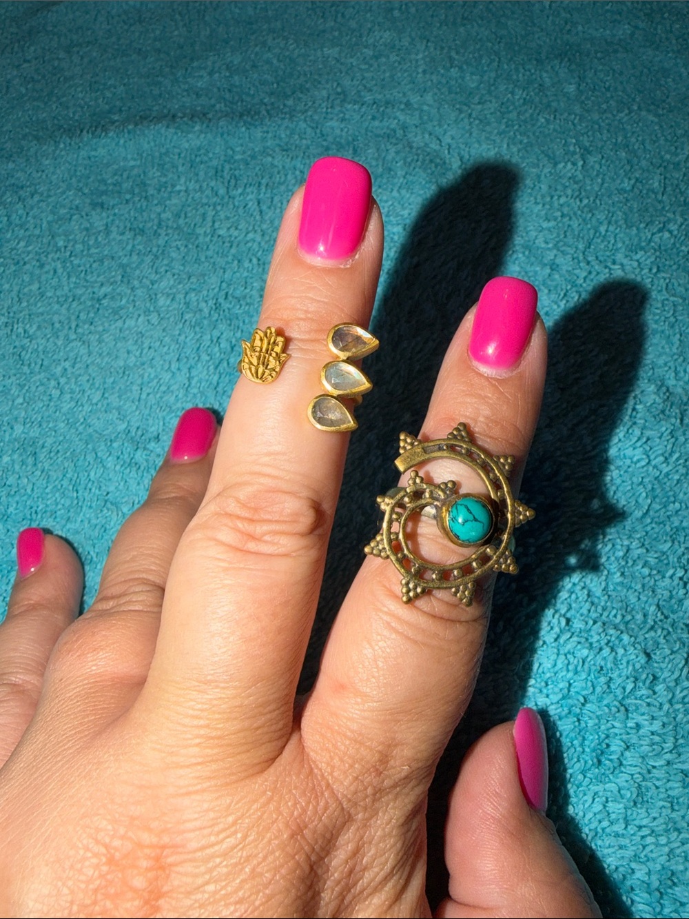 Set of two ringsGold Turquoise Starburst Statement Ring - Pink Accent